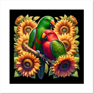 Eclectus Parrots Couple Male and Female with Sunflowers Posters and Art